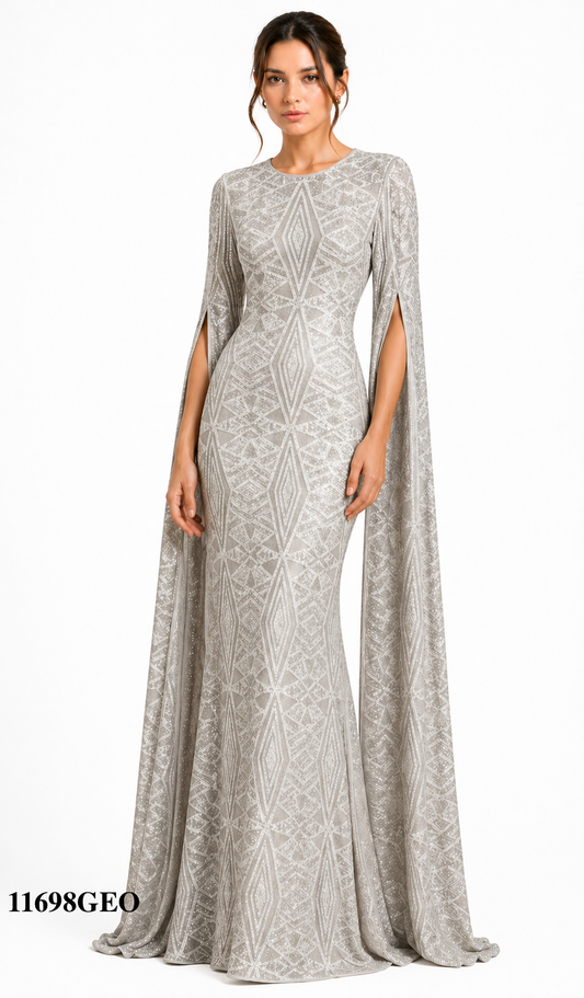 Timeless Clean Cut Geometric Print Gown with Open Long Sleeves