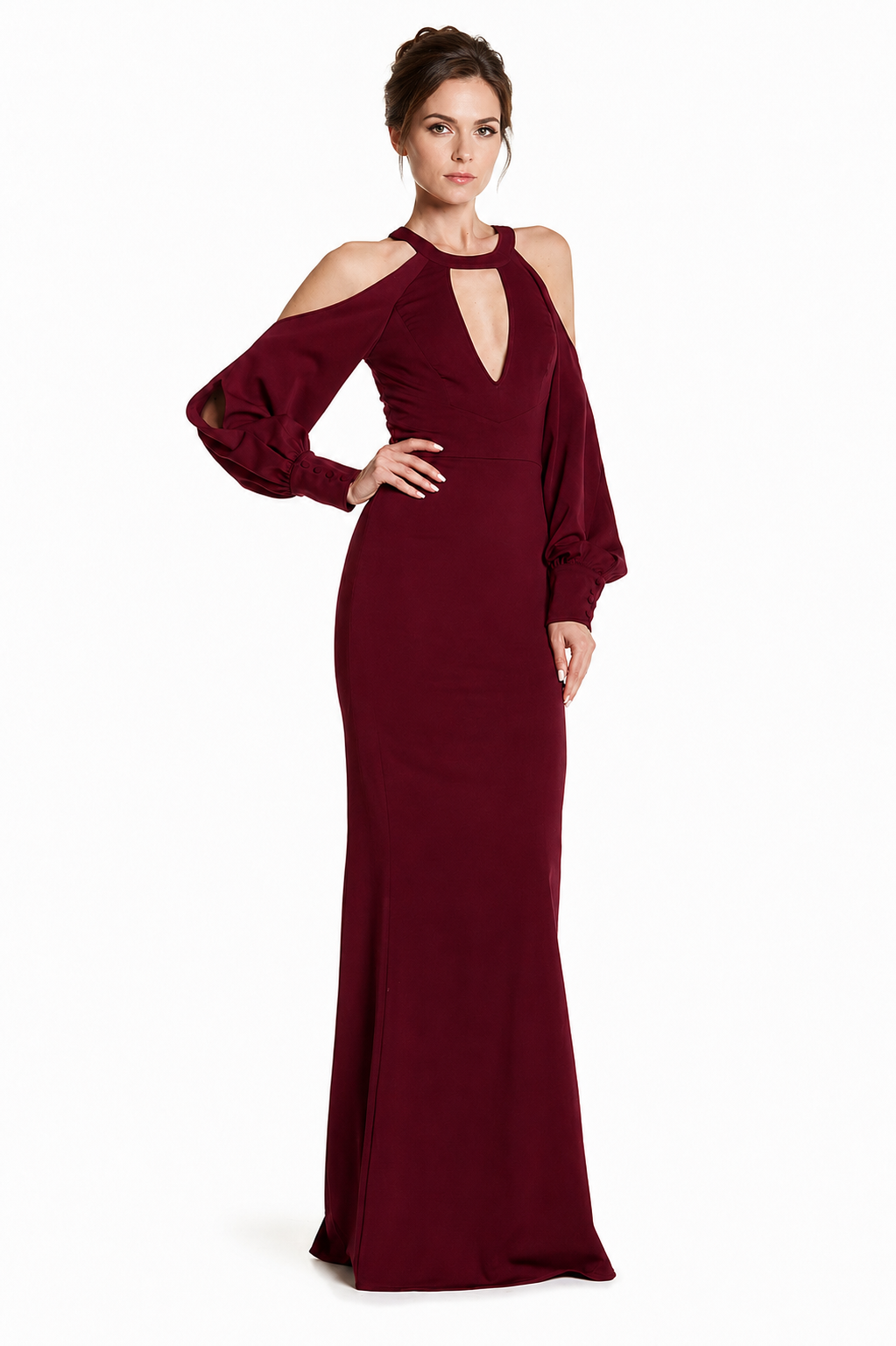 Cold Shoulder Burgundy Slip Dress with Deep V-Neck