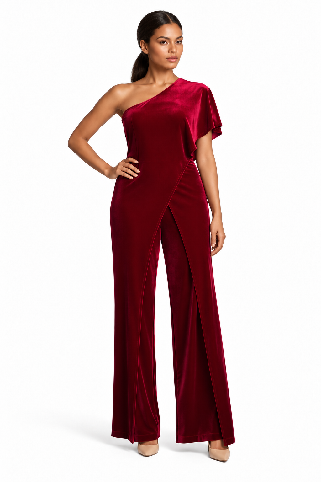 One Shoulder Velvet Jumper With Draped Overlapping Panels And Opened Wrap Legs