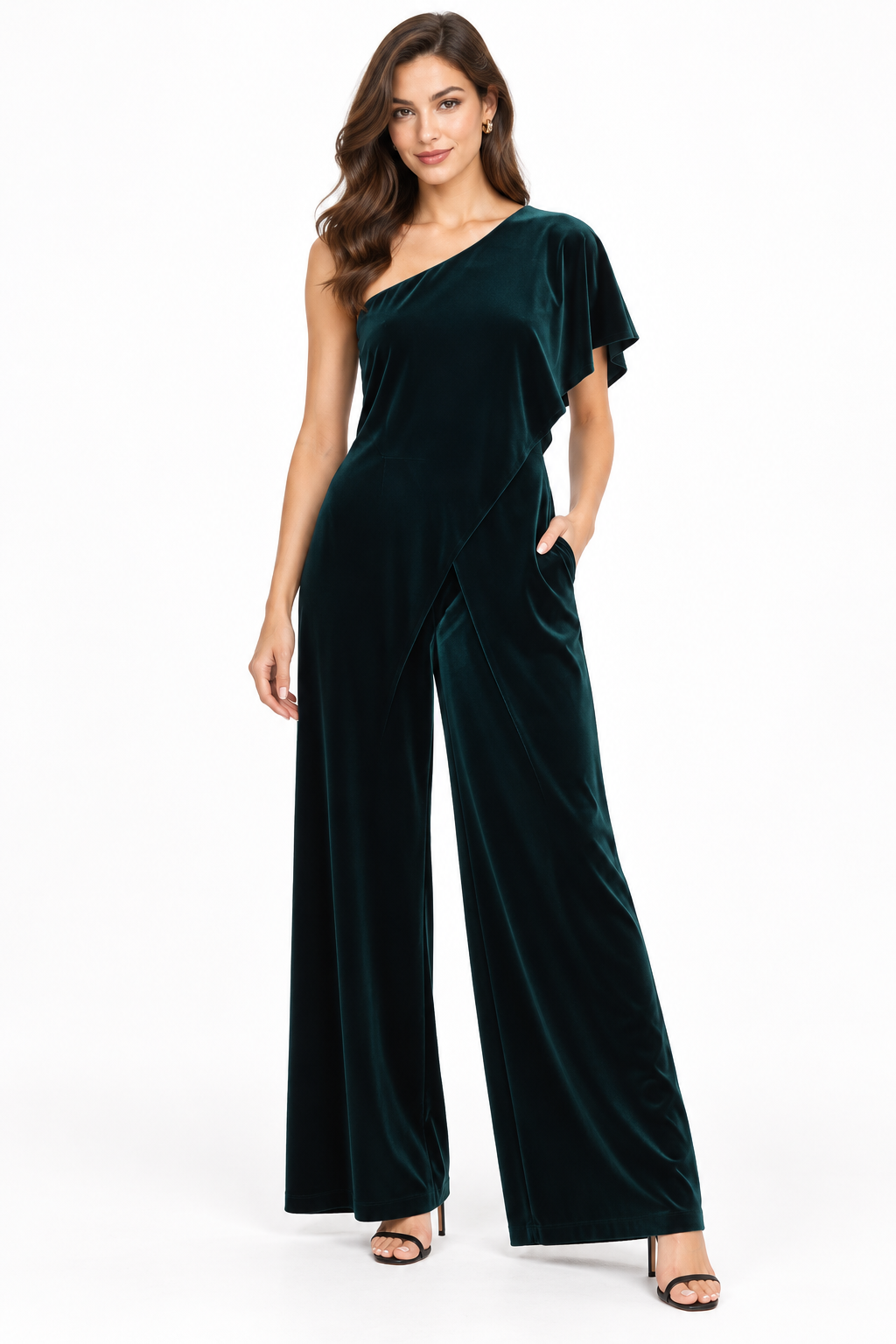One Shoulder Velvet Jumper With Draped Overlapping Panels And Opened Wrap Legs