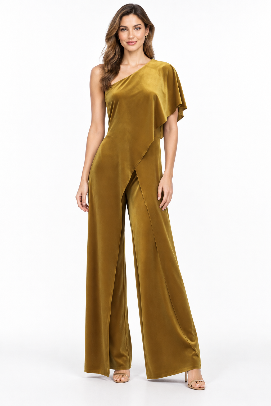 One Shoulder Velvet Jumper With Draped Overlapping Panels And Opened Wrap Legs