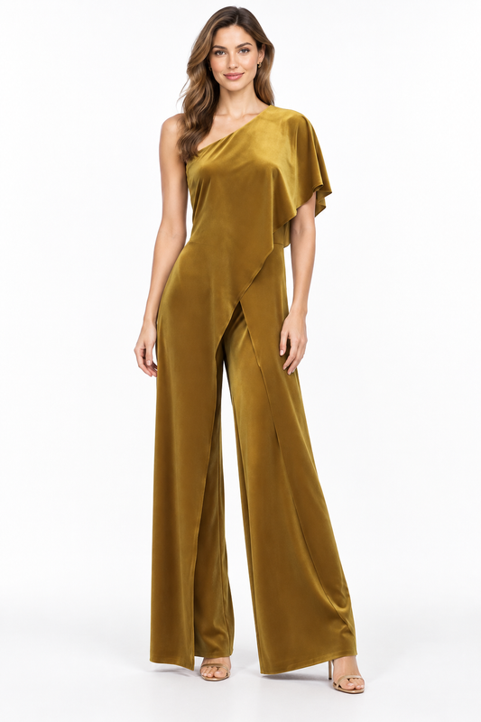 One Shoulder Velvet Jumper With Draped Overlapping Panels And Opened Wrap Legs