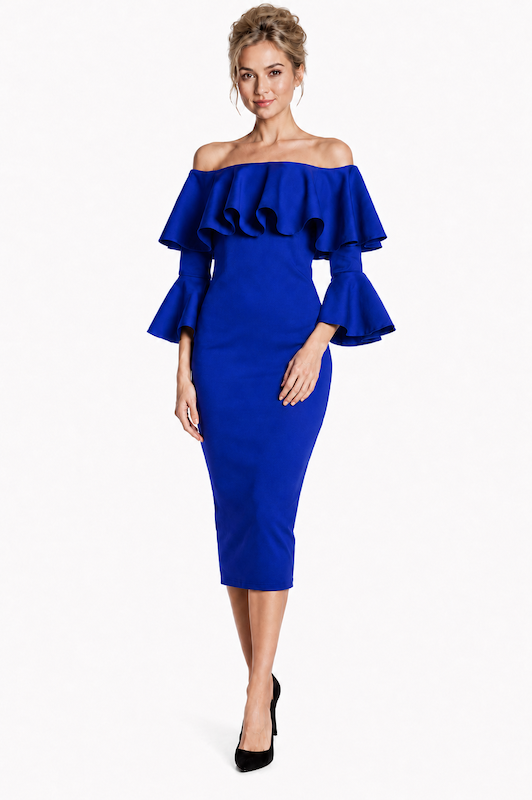 Off-Shoulder Midi Dress With Ruffled Sleeves