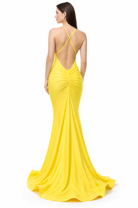 Deep V-Neck And Ruched Back Mermaid Style Gown