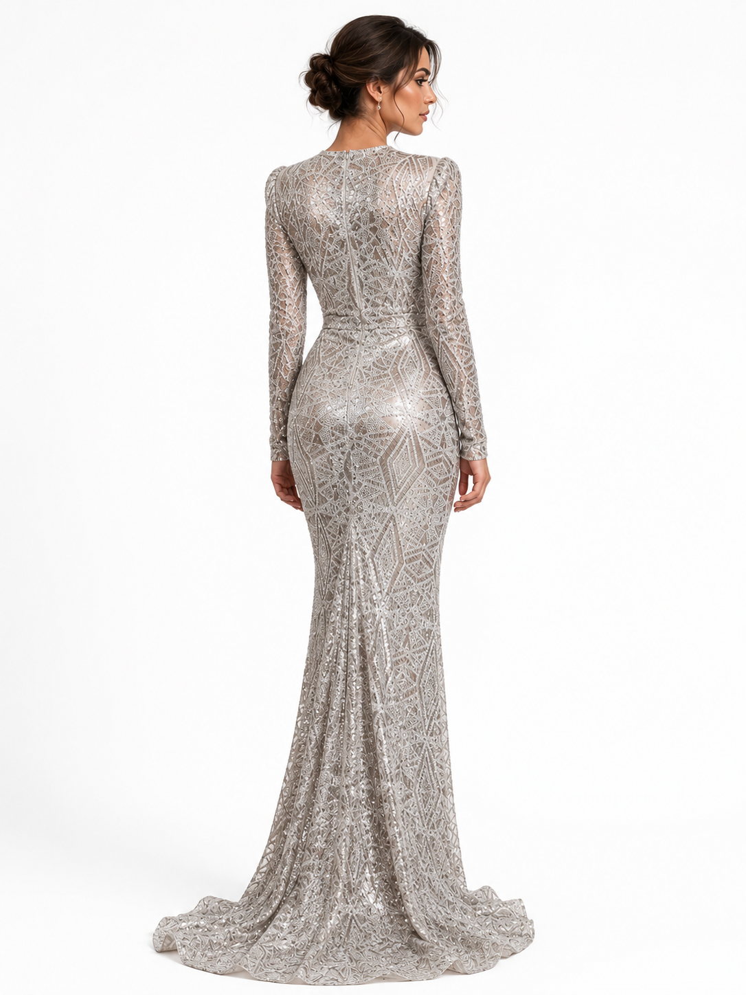 Deep V Neck Long Sleeve Gown