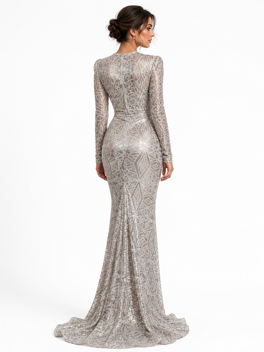 Deep V Neck Long Sleeve Gown