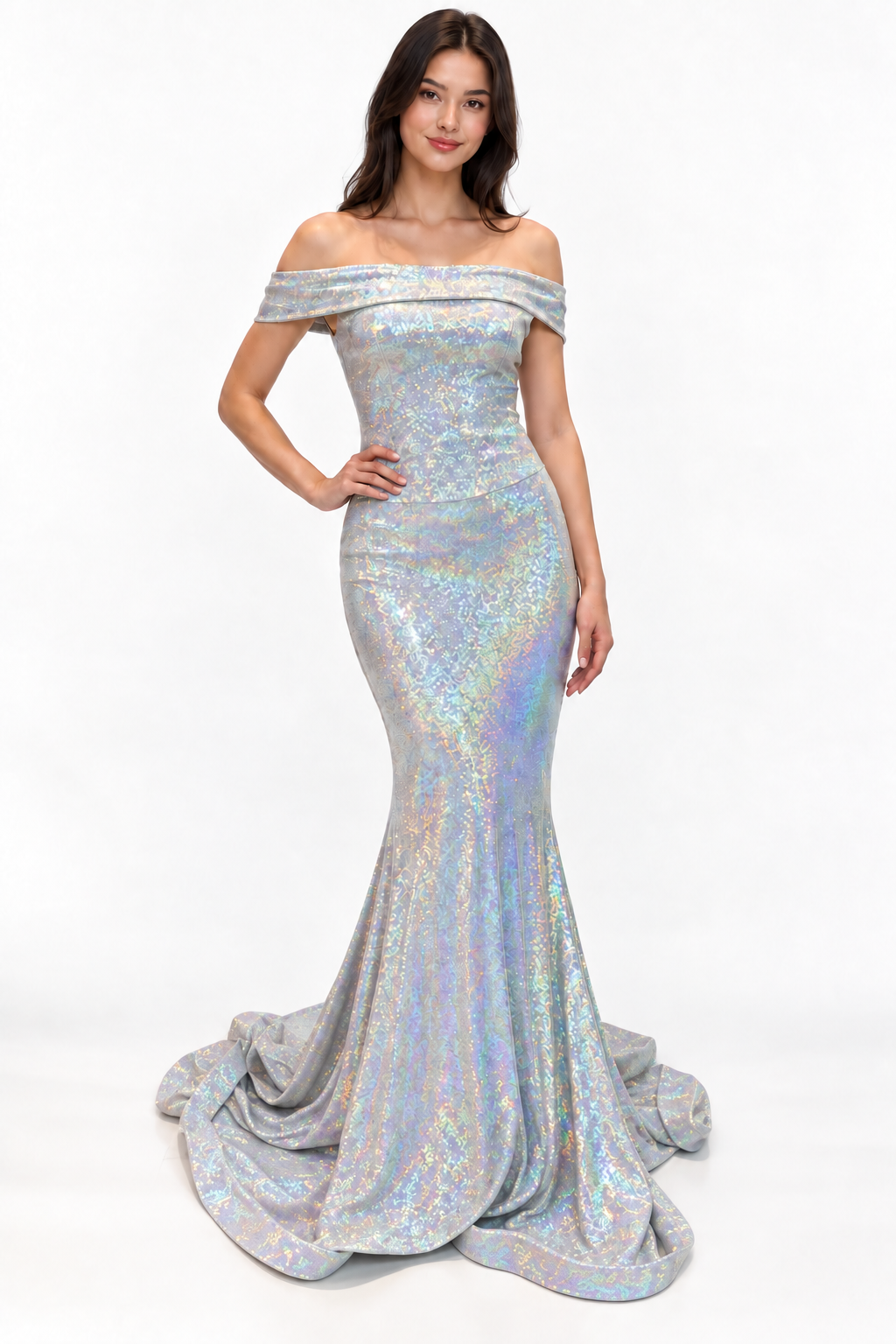 Fitted Off-The-Shoulder Glittery Maxi Dress