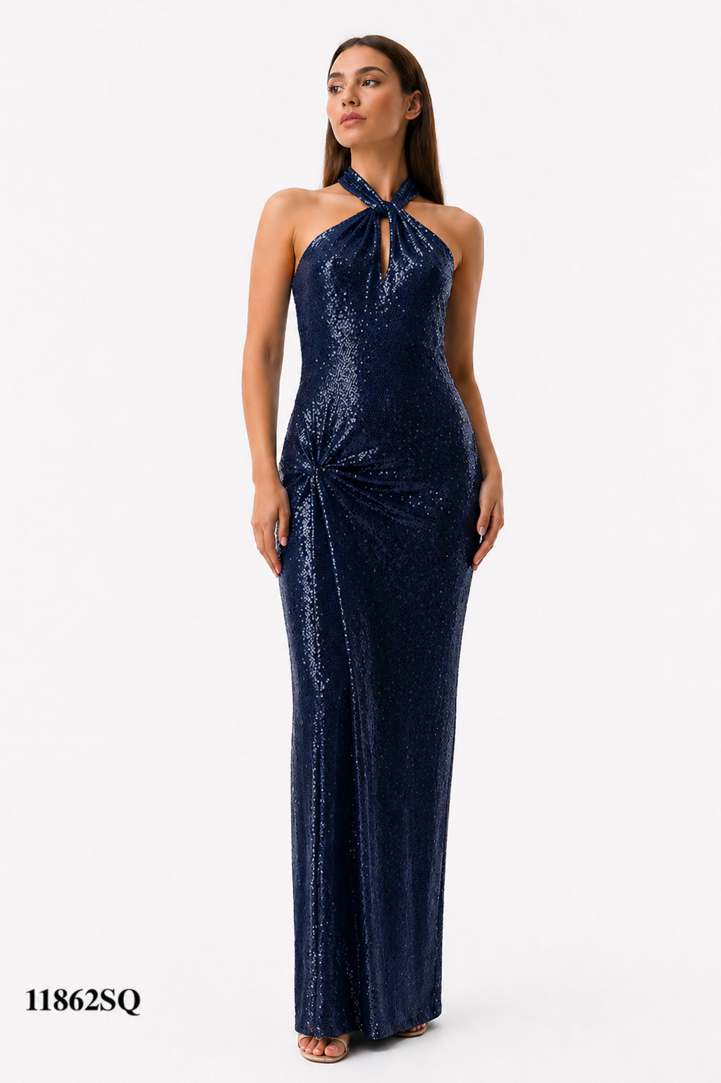 Halter Gown Pinched at the Hips, Backless and Sequins Fabric Design