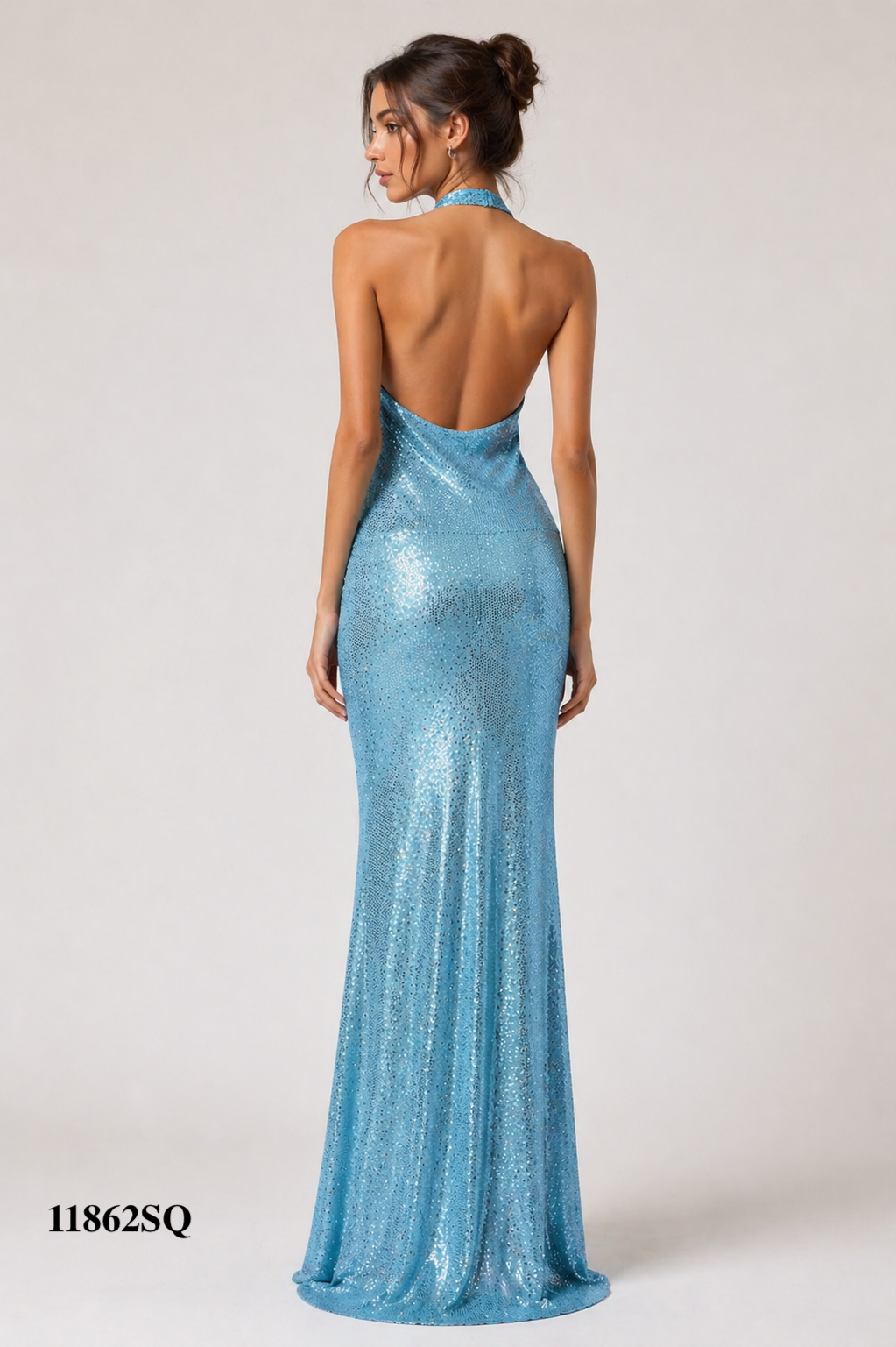 Halter Gown Pinched at the Hips, Backless and Sequins Fabric Design