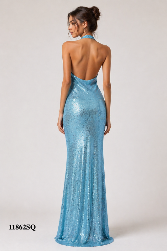 Halter Gown Pinched at the Hips, Backless and Sequins Fabric Design
