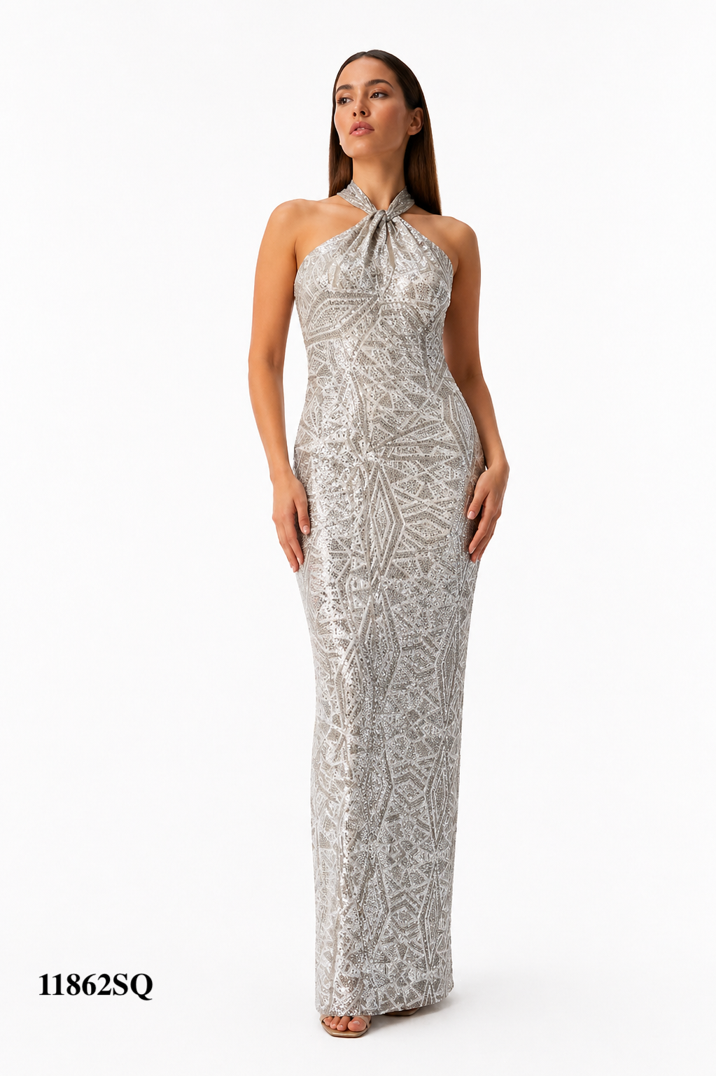 Halter Gown Pinched at the Hips, Backless and Geometric Sequins Fabric Design