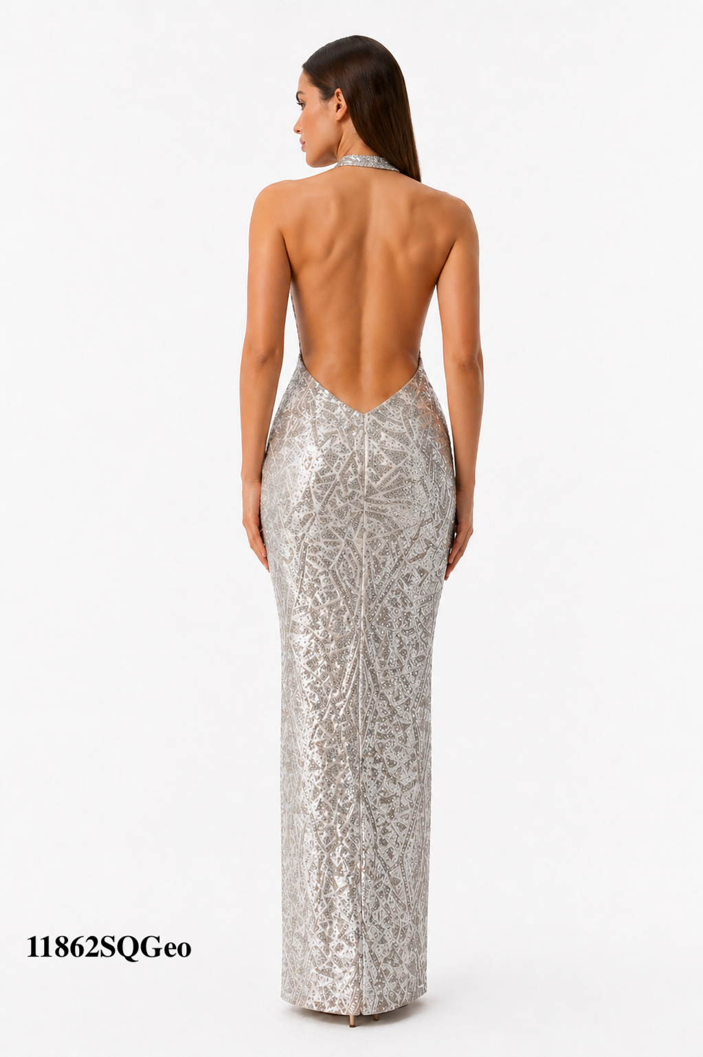 Halter Gown Pinched at the Hips, Backless and Geometric Sequins Fabric Design