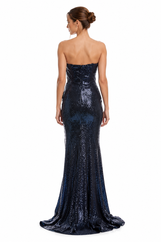 Strapless Mermaid Sequence Dress With High Slit