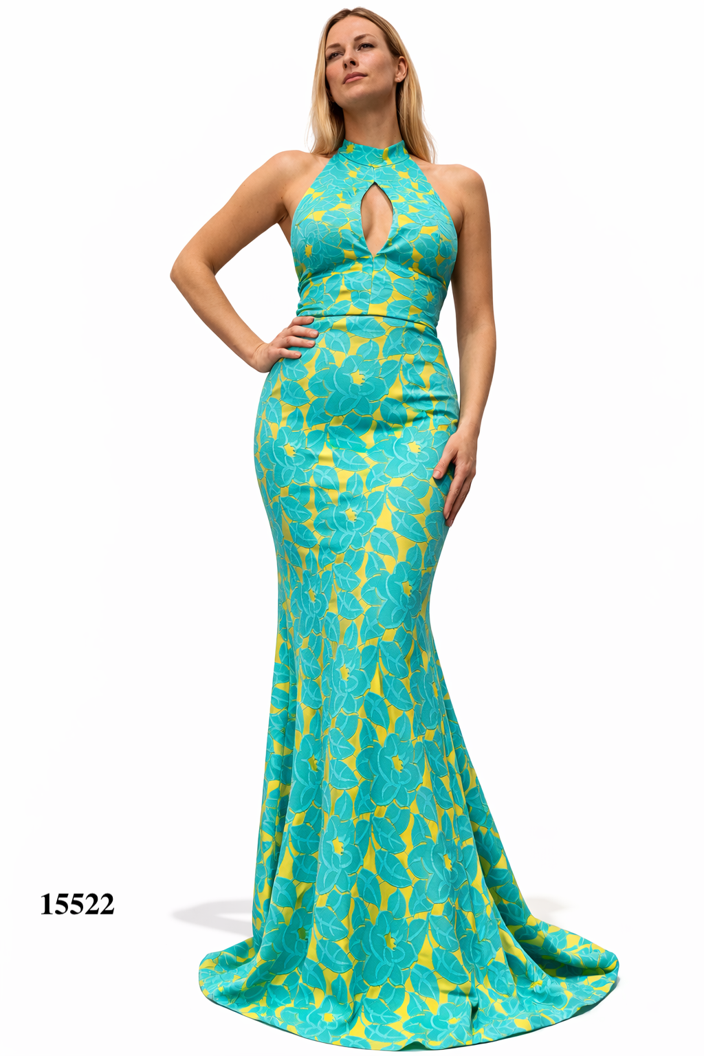 Halter Fitted Floral Dress With Backless Design and Flared Hem
