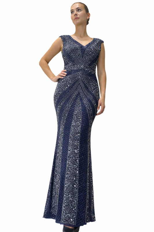 Navy Beaded Gown with Low Back Decolthe