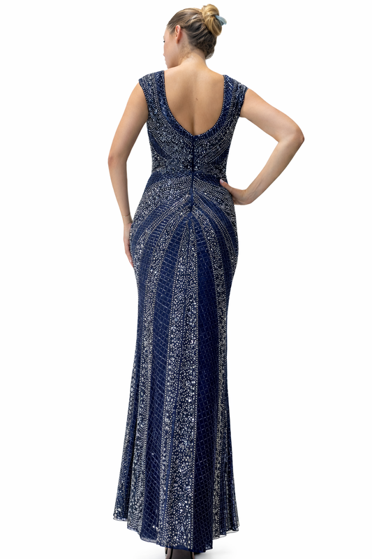 Navy Beaded Gown with Low Back Decolthe