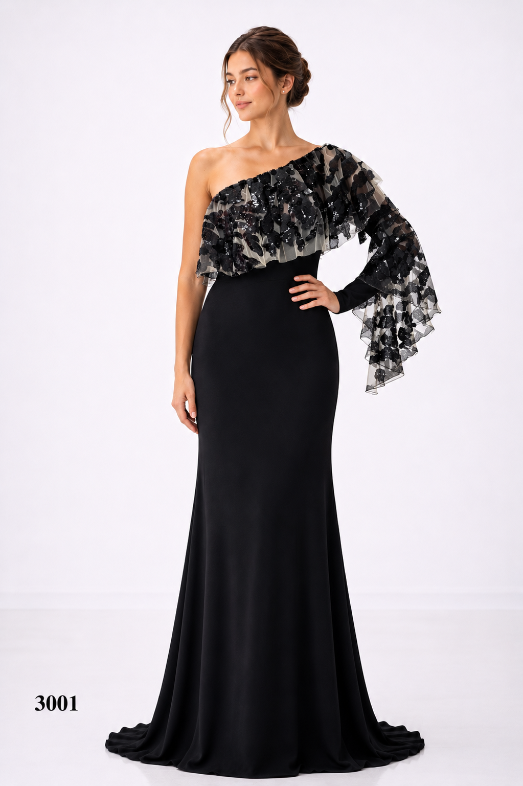 One Ruffled Sleeve Gown With Long Train