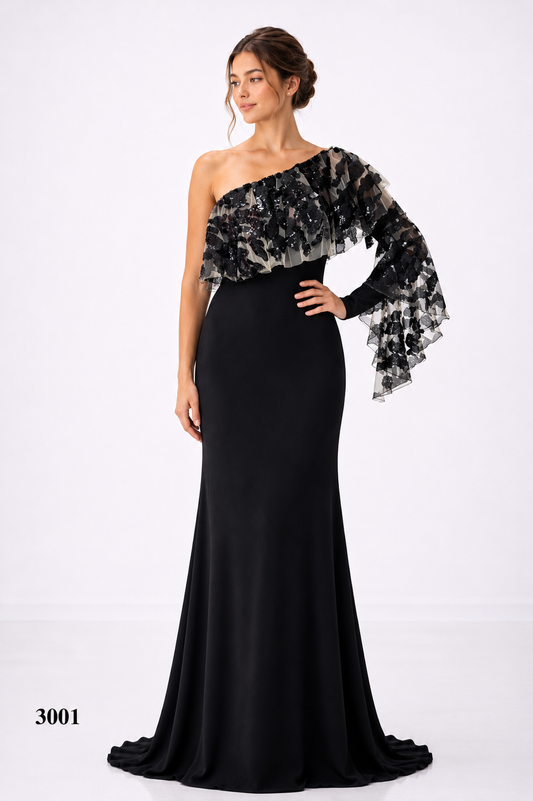 One Ruffled Sleeve Gown With Long Train