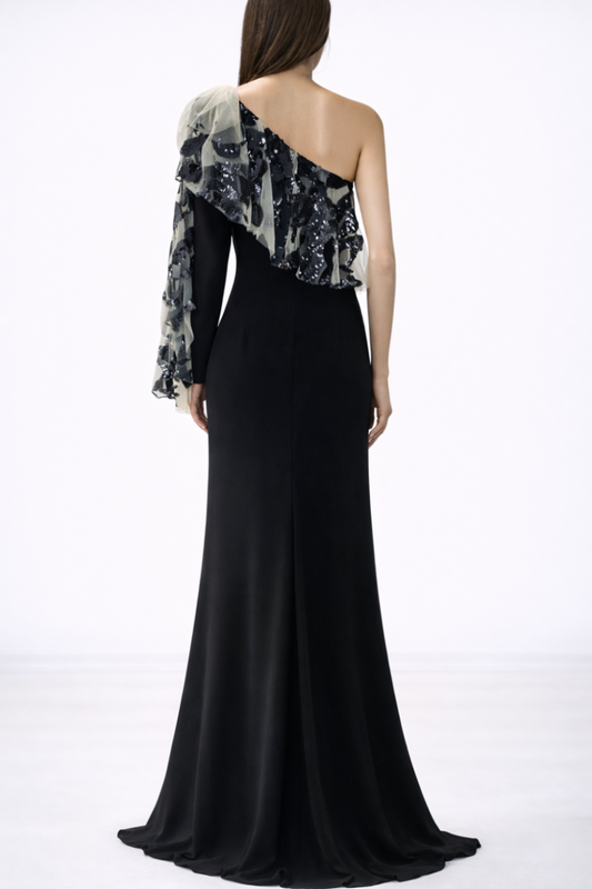 One Ruffled Sleeve Gown With Long Train