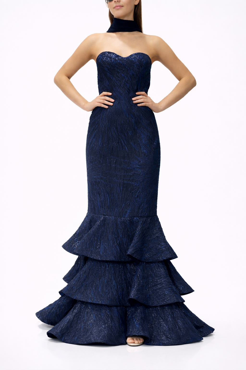 Strapless Mermaid Gown With Cascading Ruffled And Shawl