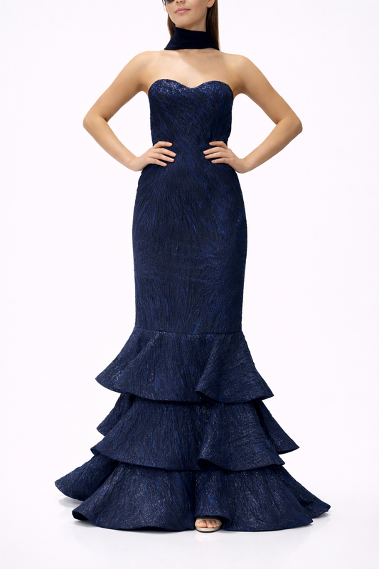 Strapless Mermaid Gown With Cascading Ruffled And Shawl
