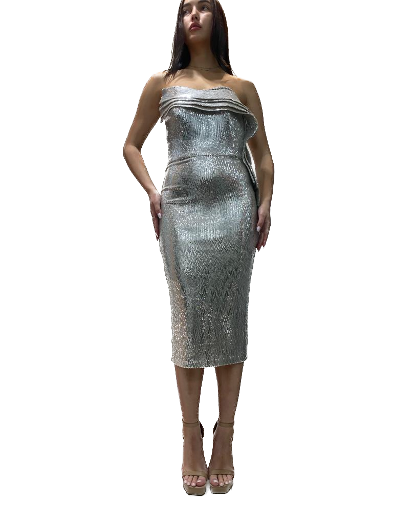 knee length dresses for ladies Strapless Midi Dress with Ruffled Detailed Neckline – Issue New York