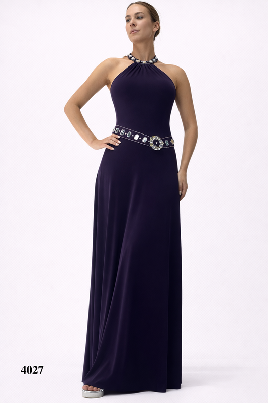 Halter Purple Gown with Silver Bead Details at Neckline and Waist