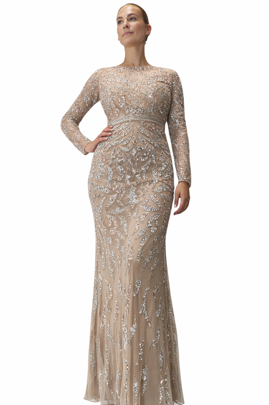 Long Sleeve Gown With Beaded Design Thoughout