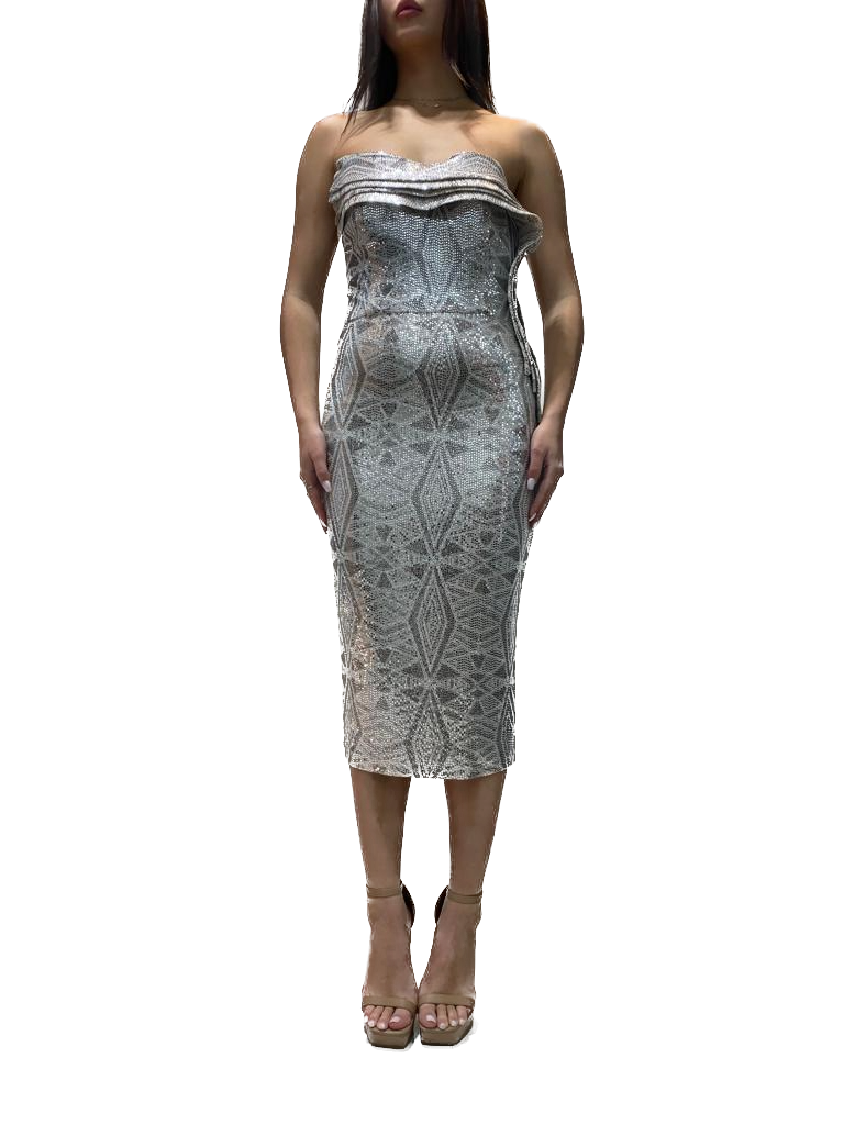 silver strapless midi dress Strapless Midi Dress with Ruffled Detailed Neckline – Issue New York