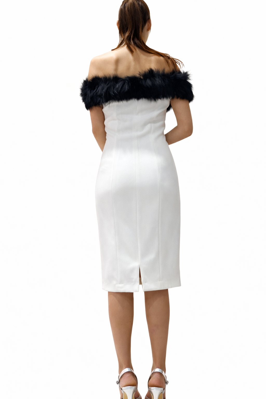 Midi Dress With Real Fox Fur Trim at Shoulder