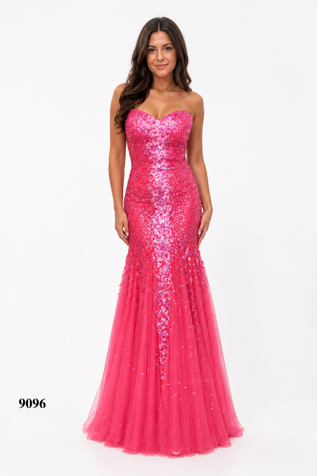 Peacock Feathers & Sequences Detailed Strapless Gown