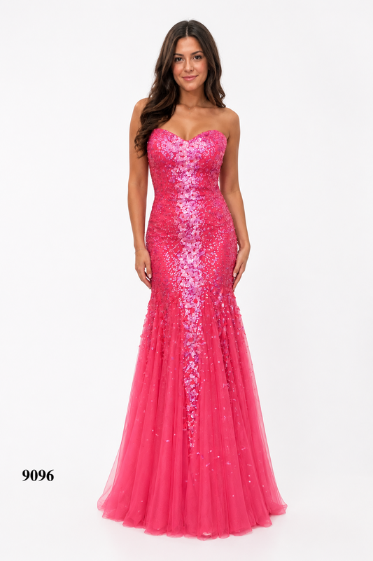 Peacock Feathers & Sequences Detailed Strapless Gown