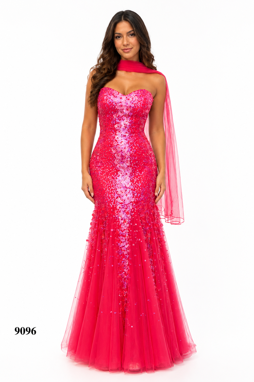Peacock Feathers & Sequences Detailed Strapless Gown