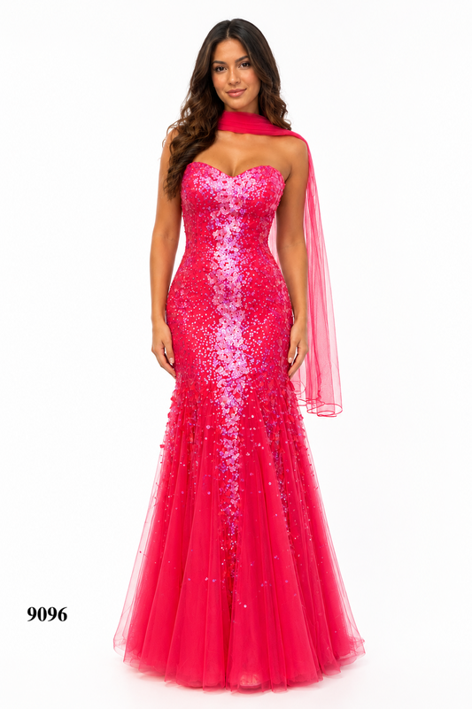 Peacock Feathers & Sequences Detailed Strapless Gown