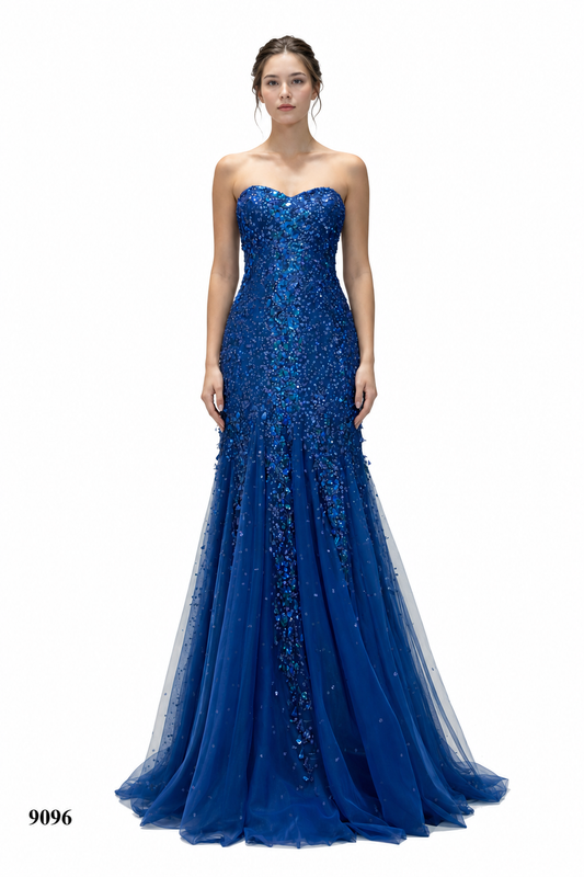 Peacock Feathers & Sequences Detailed Strapless Gown