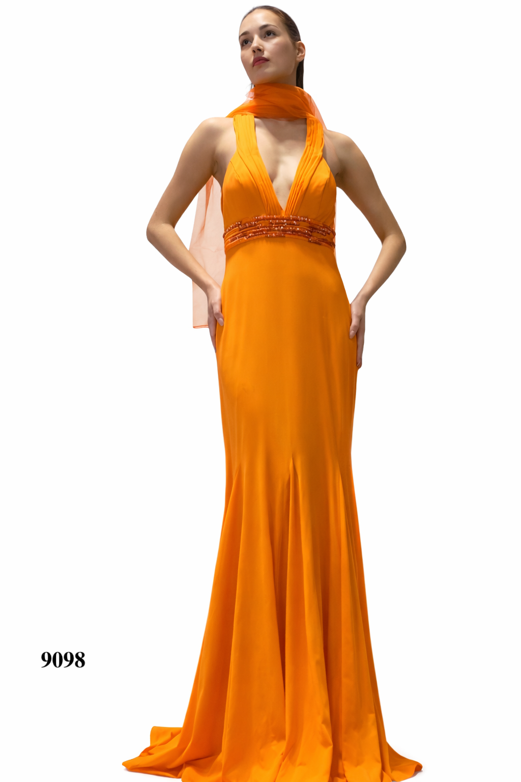 Deep V-Neck Orange Gown with Shawl and Bead Details at Waist