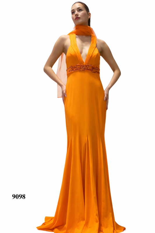 Deep V-Neck Orange Gown with Shawl and Bead Details at Waist