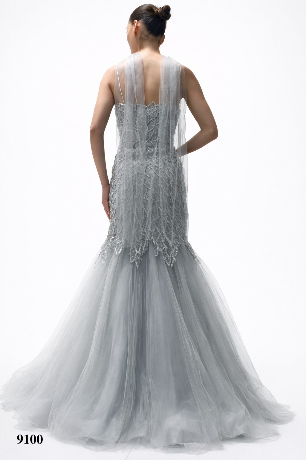 Gray Gown with Detailed Lace Design
