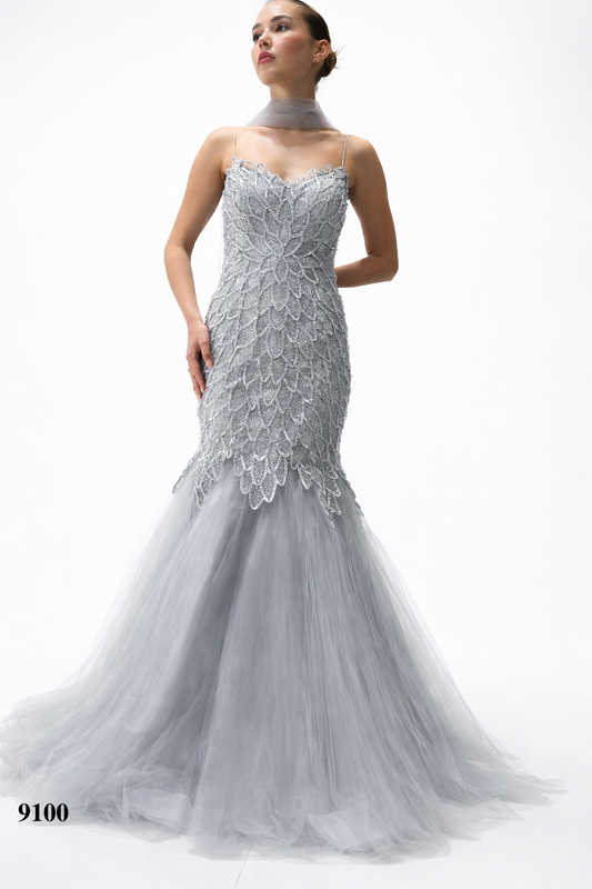 Gray Gown with Detailed Lace Design