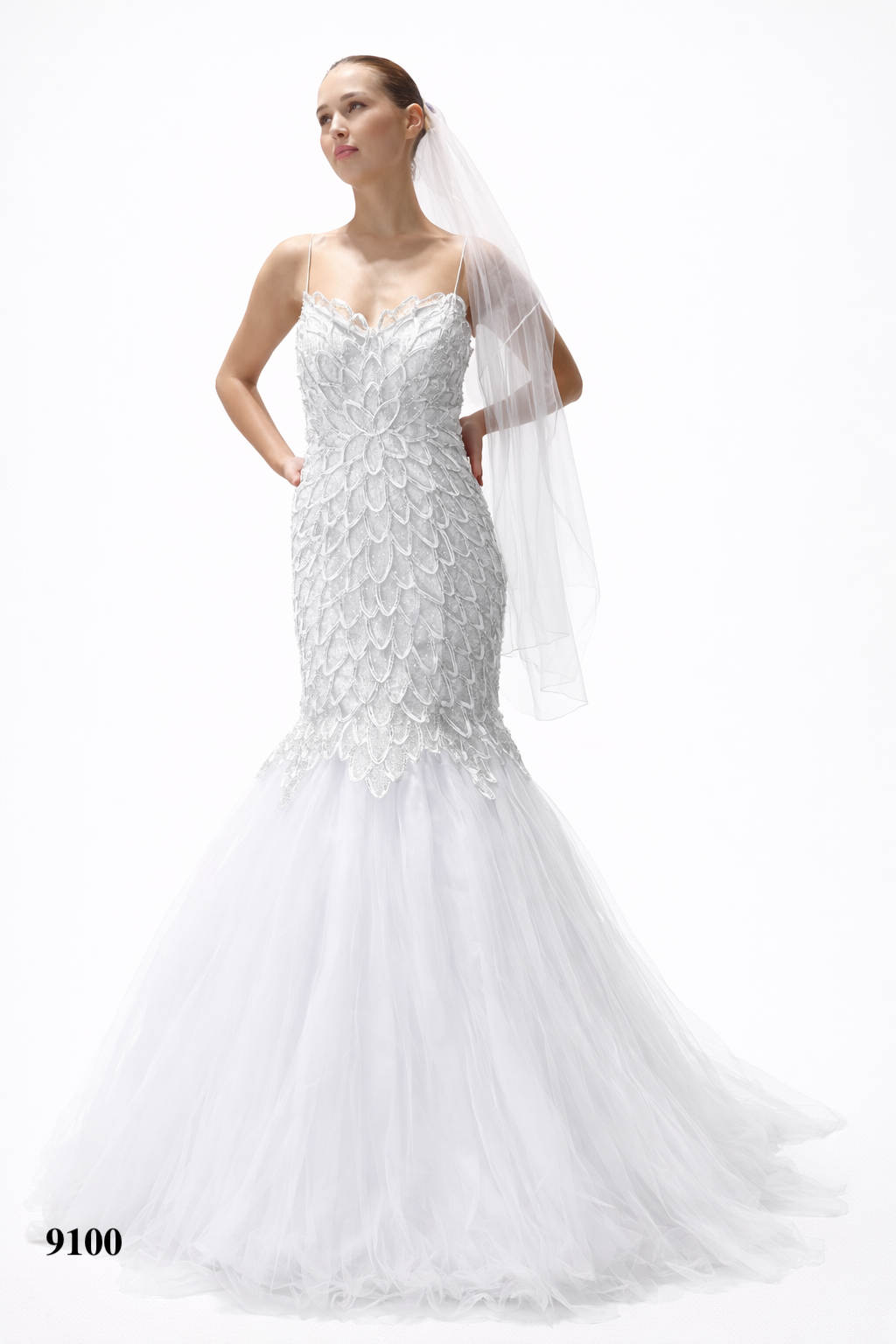 White Gown with Detailed Lace Design and Shawl
