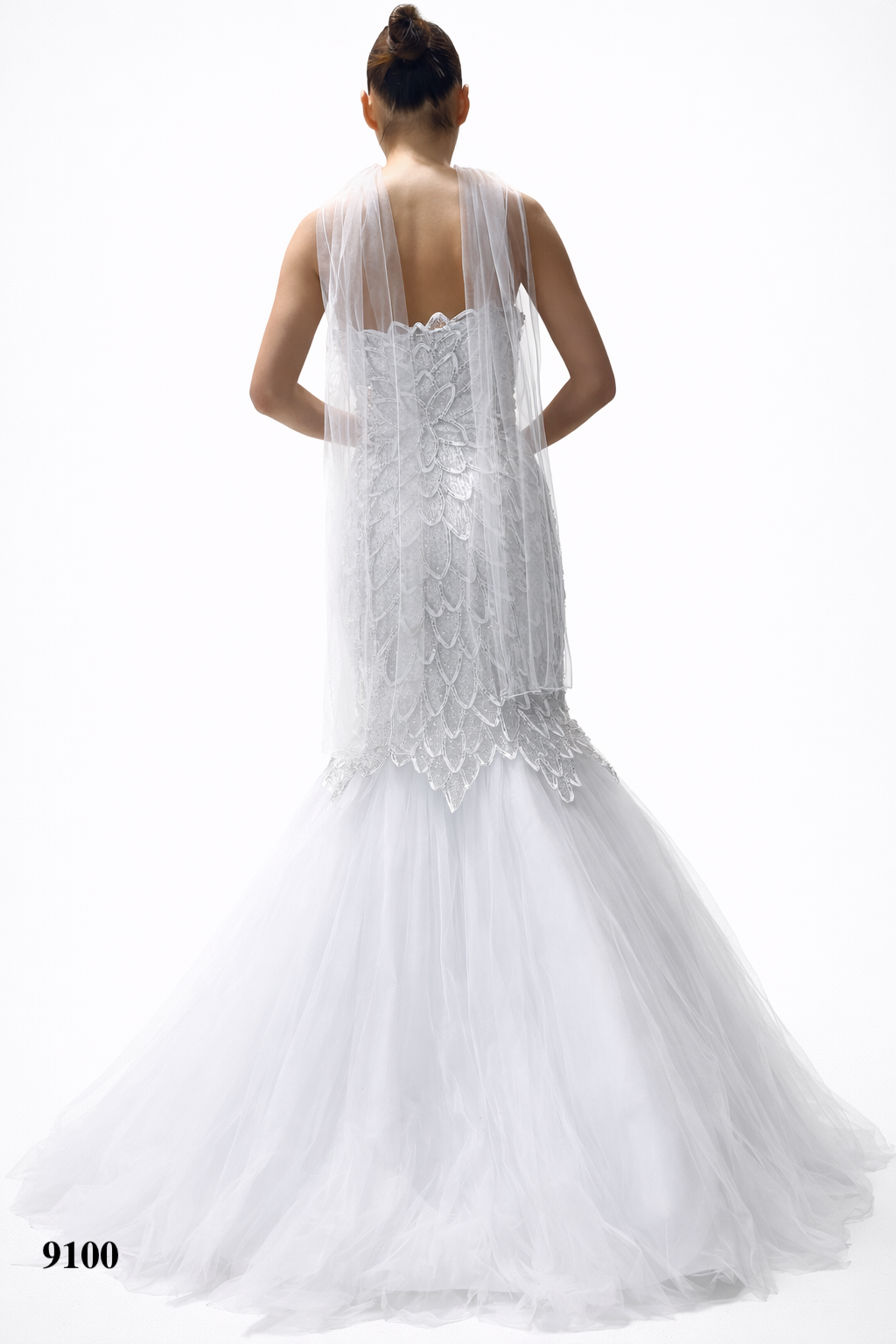 White Gown with Detailed Lace Design and Shawl