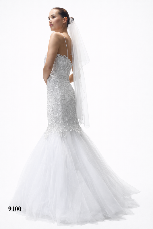 White Gown with Detailed Lace Design and Shawl