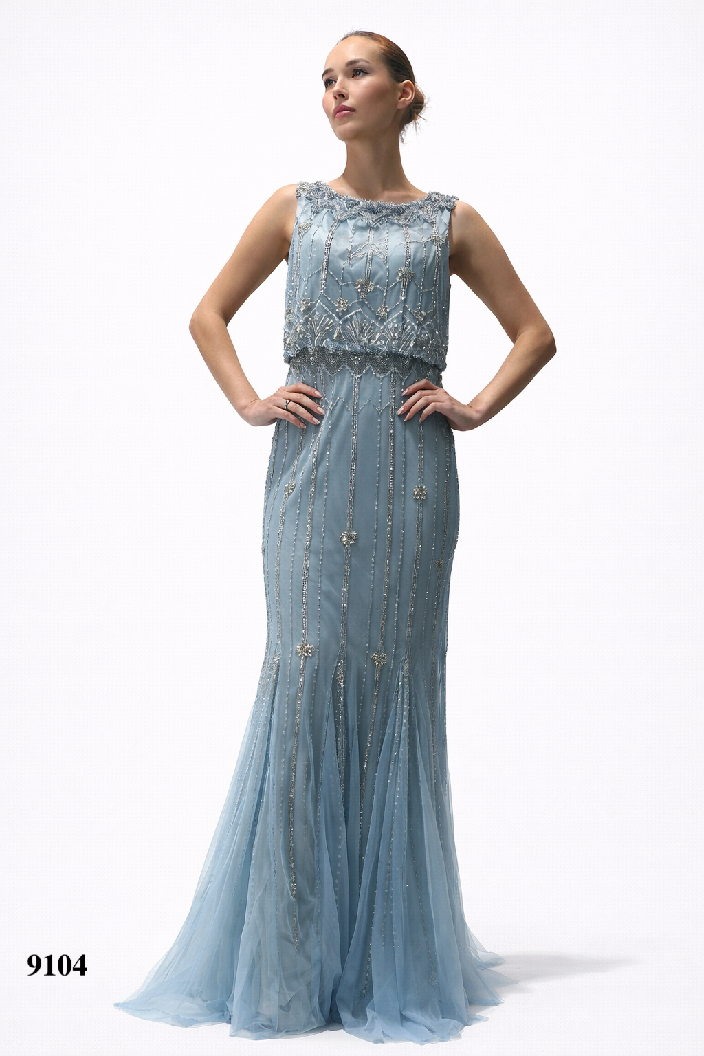 Beaded Sleeveless Gown With Flared Hem