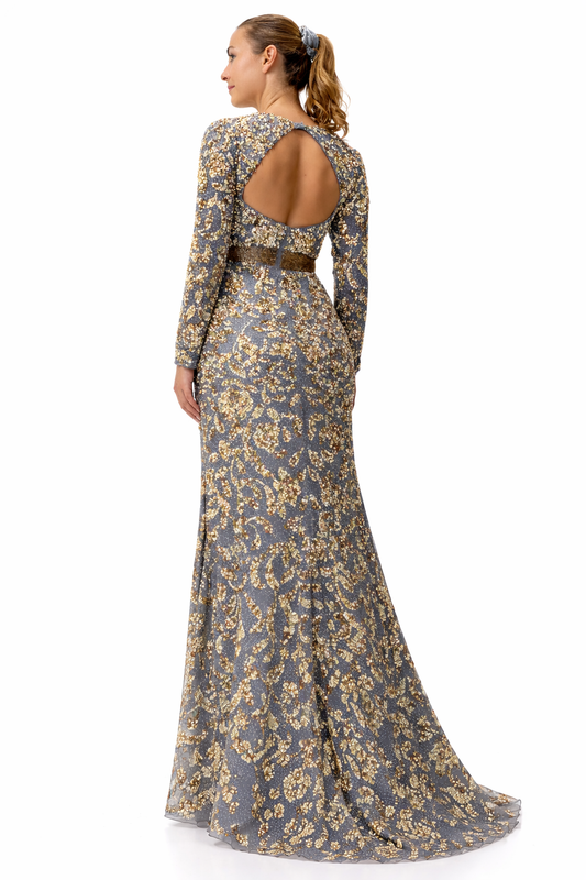 Long Sleeve Gold Beaded Silver Dress