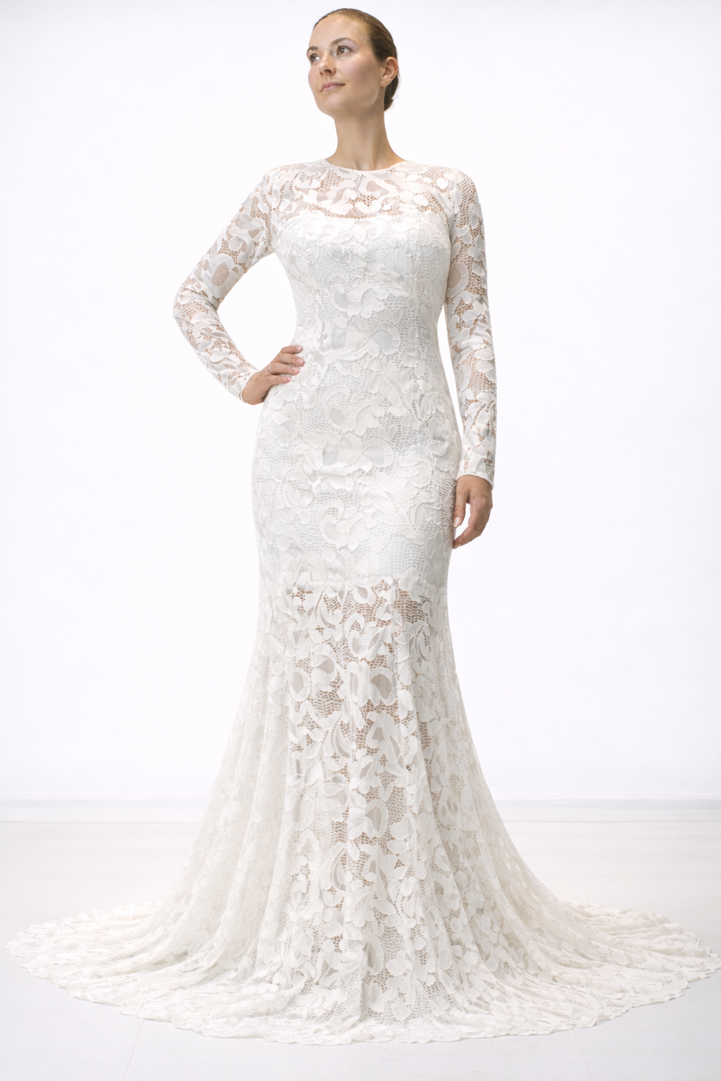 Long Sleeve Gown With See-through Lace Sleeves and Bottom