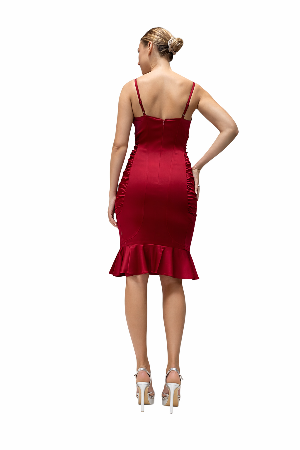 Midi Fitted Dress With Designed Bra, Sides Details, Ruffled Hem