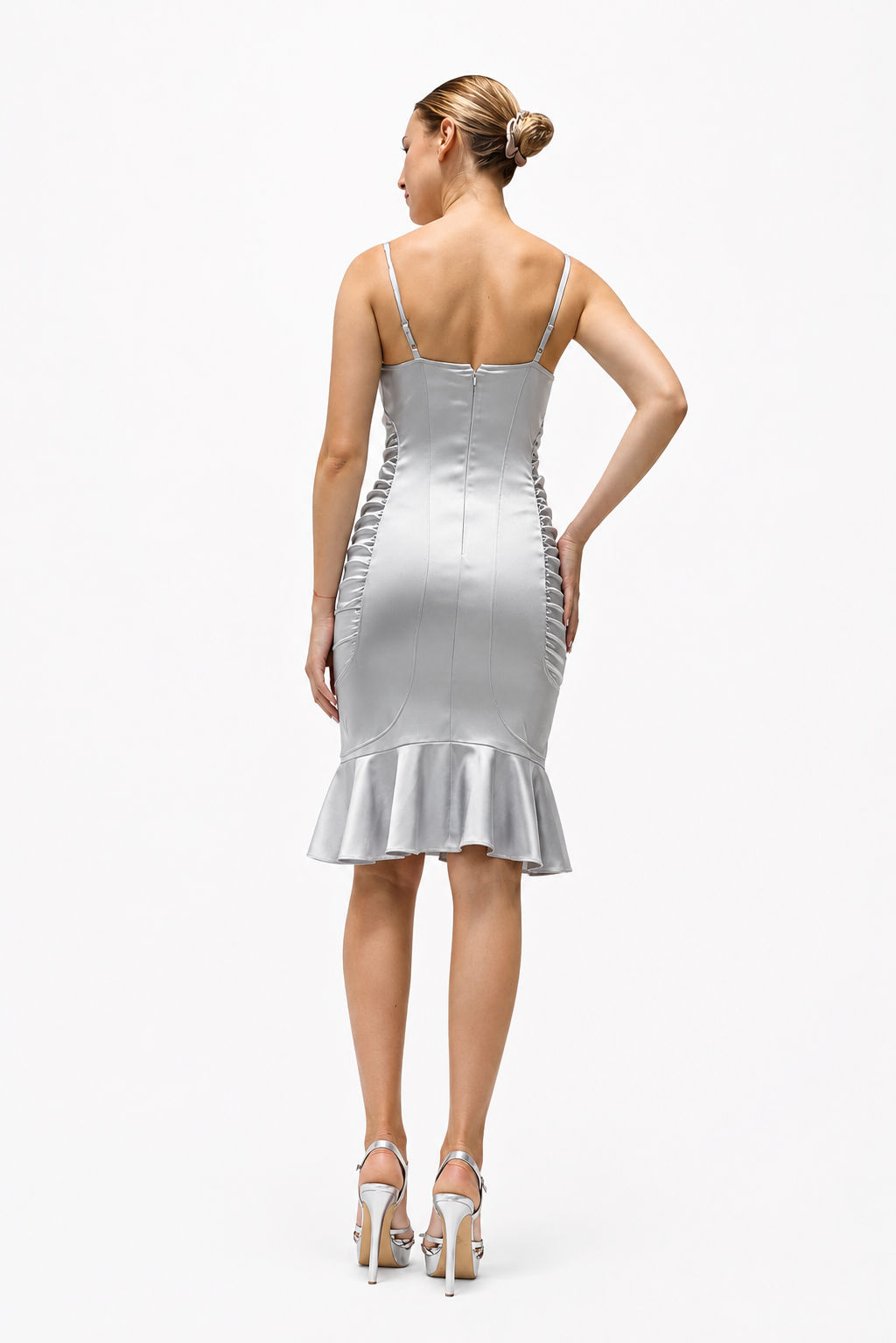Midi Fitted Dress With Designed Bra, Sides Details, Ruffled Hem