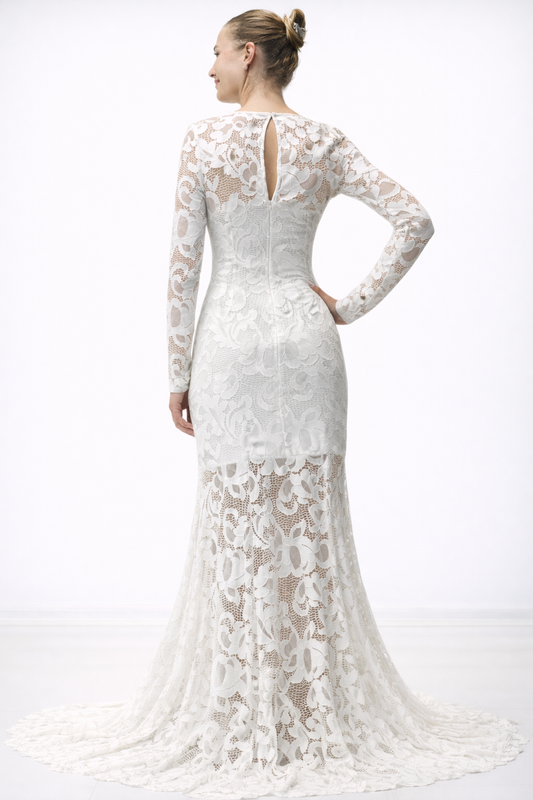 Long Sleeve Gown With See-through Lace Sleeves and Bottom