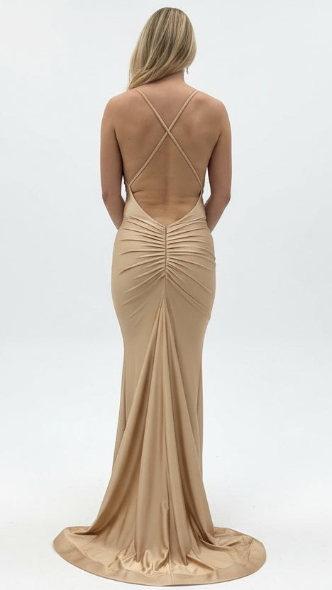 Cross Back Gold Ruched Gown